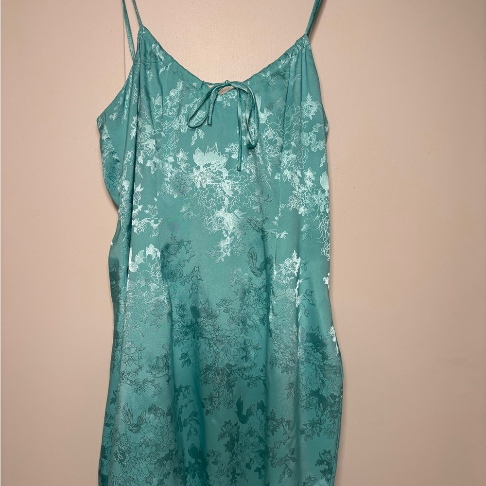 superdown Teal Satin Slip Dress with Floral Jacquard